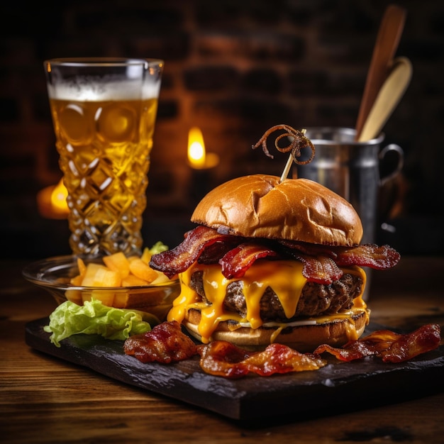 a delicious threemeat burger with bacon and yellow cheese accompanied by a glass of whiskey on the