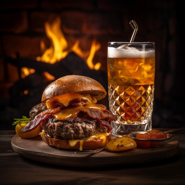 a delicious threemeat burger with bacon and yellow cheese accompanied by a glass of whiskey on the