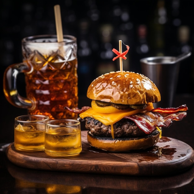 a delicious threemeat burger with bacon and yellow cheese accompanied by a glass of whiskey on the