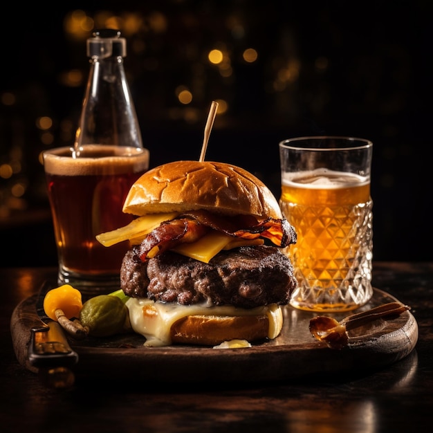 a delicious threemeat burger with bacon and yellow cheese accompanied by a glass of whiskey on the