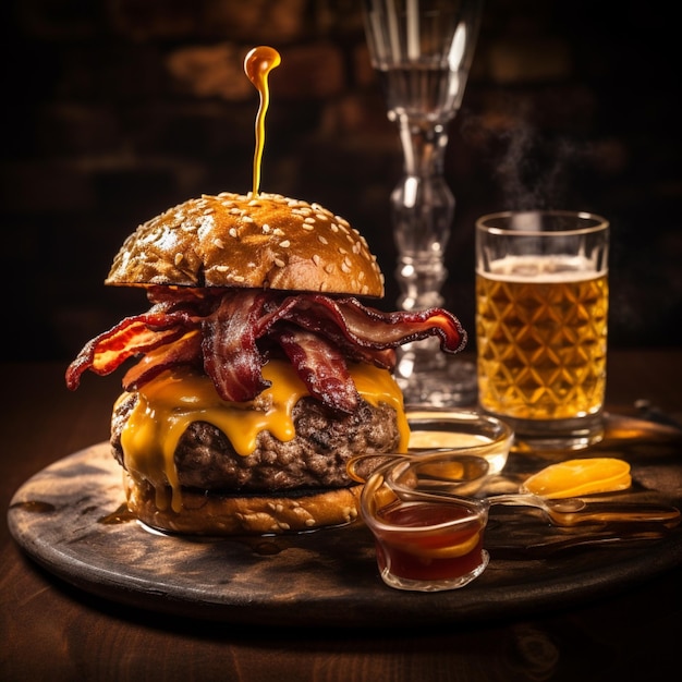 a delicious threemeat burger with bacon and yellow cheese accompanied by a glass of whiskey on the