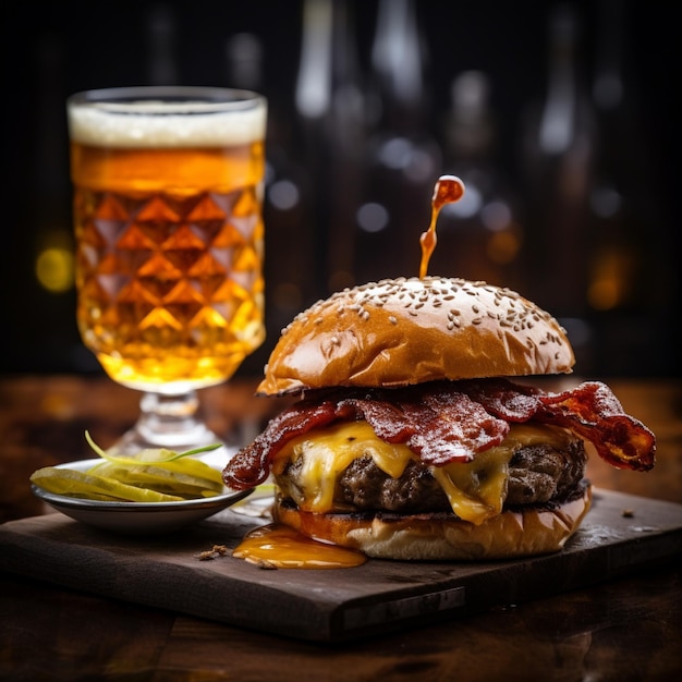 a delicious threemeat burger with bacon and yellow cheese accompanied by a glass of whiskey on the