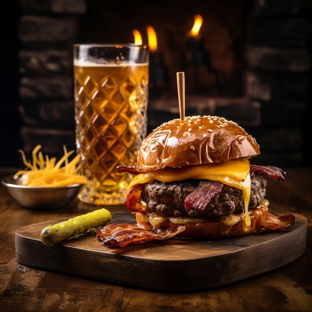 a delicious threemeat burger with bacon and yellow cheese accompanied by a glass of whiskey on the