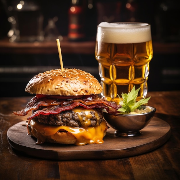 a delicious threemeat burger with bacon and yellow cheese accompanied by a glass of whiskey on the