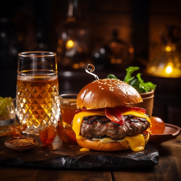 a delicious threemeat burger with bacon and yellow cheese accompanied by a glass of whiskey on the