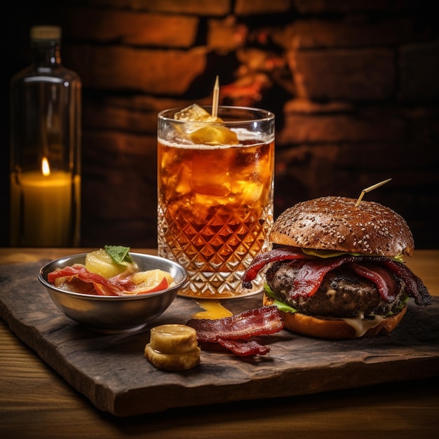 a delicious threemeat burger with bacon and yellow cheese accompanied by a glass of whiskey on the