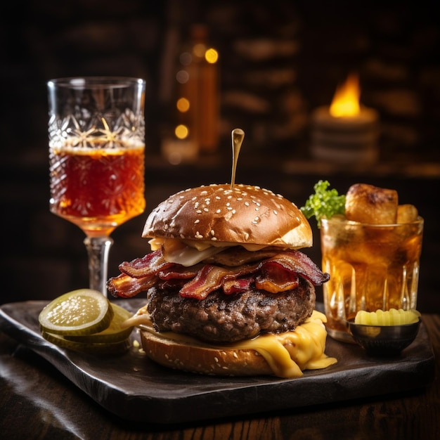 a delicious threemeat burger with bacon and yellow cheese accompanied by a glass of whiskey on the