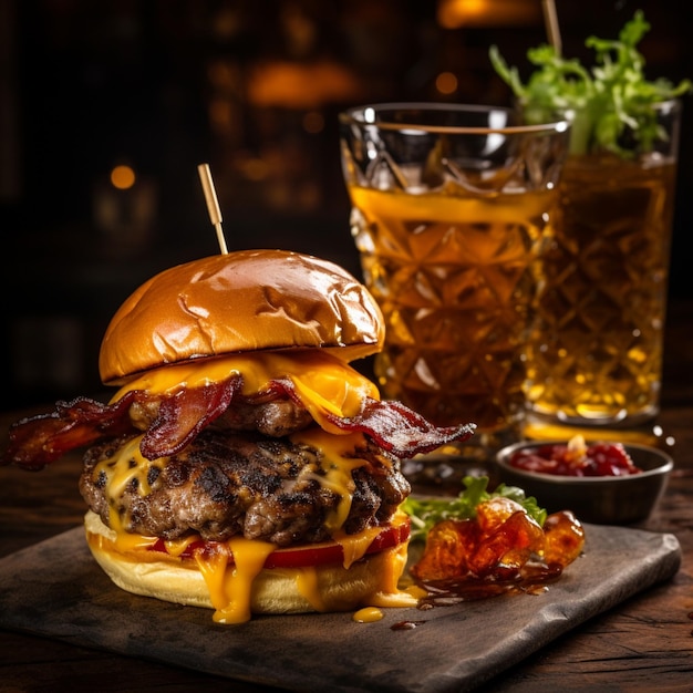 a delicious threemeat burger with bacon and yellow cheese accompanied by a glass of whiskey on the