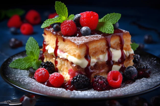 Delicious tiramisu cake with fresh berries