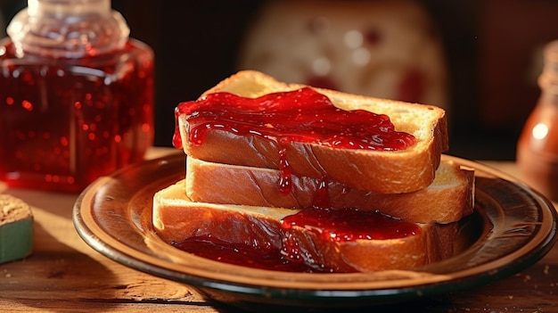 delicious toast with jam and fresh raspberries on table