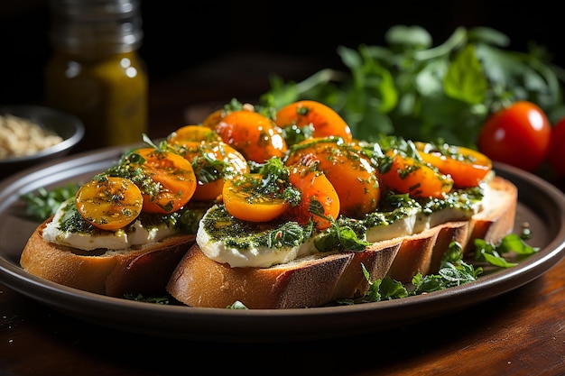 Delicious Tomato and Carrot Top Pesto Bruschetta