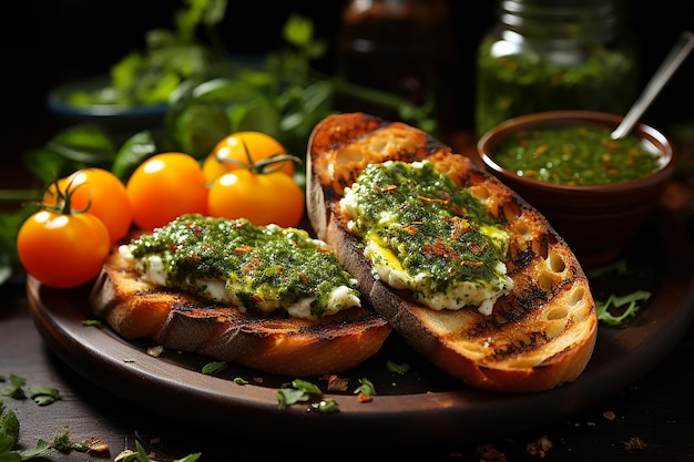 Delicious Tomato and Carrot Top Pesto Bruschetta