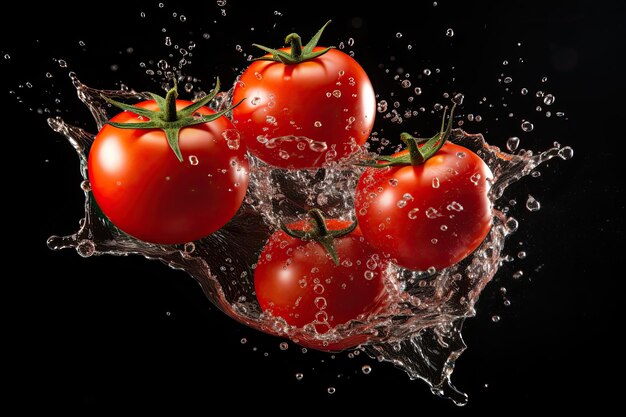 Delicious tomato halves flying in the air isolated on black background