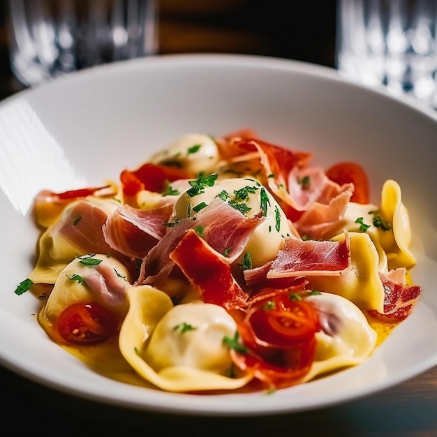 A delicious tortellini panna e prosciutto in a restaurant