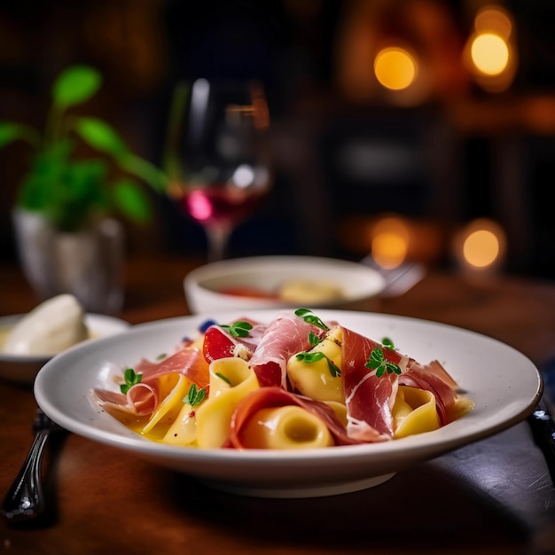 A delicious tortellini panna e prosciutto in a restaurant