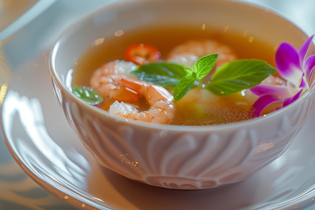 Delicious Traditional Asian Shrimp Soup with Fresh Herbs and Orchid Garnish in Elegant White Bowl