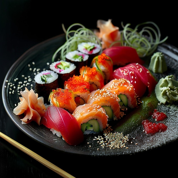 Photo delicious traditional japanese sushi platter with fresh ingredients and fresh tuna salmon and avocado