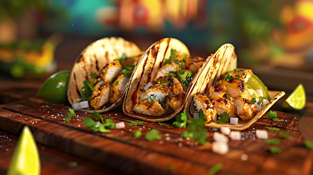 Photo delicious trio of grilled chicken tacos with lime cilantro and onions on a wooden serving board