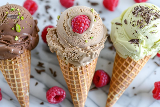 Delicious Trio of Ice Cream Cones with Raspberries Chocolate Pieces and Pistachio Toppings