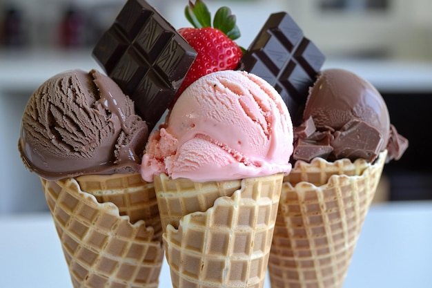 Delicious Trio of Ice Cream Cones with Raspberries Chocolate Pieces and Pistachio Toppings