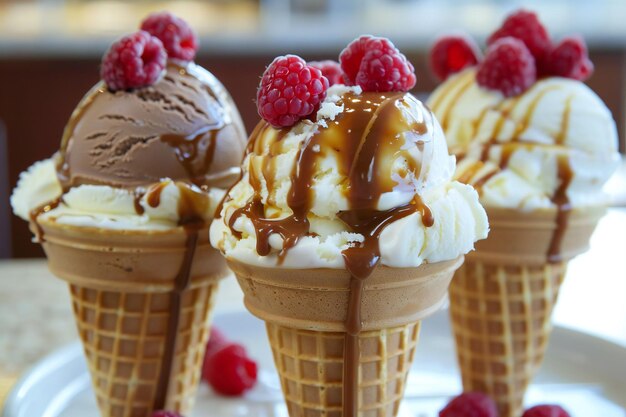 Delicious Trio of Ice Cream Cones with Raspberries Chocolate Pieces and Pistachio Toppings