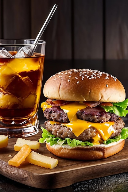 a delicious triple meat burger with bacon and yellow cheese accompanied with a glass of whiskey on