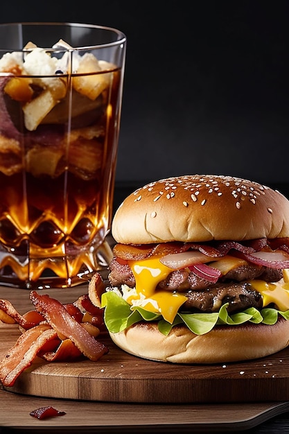 a delicious triple meat burger with bacon and yellow cheese accompanied with a glass of whiskey on