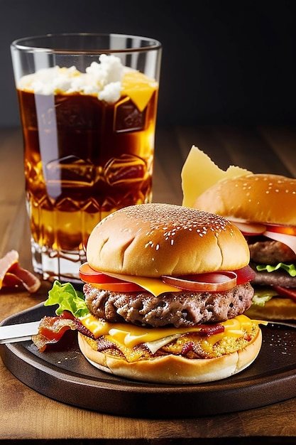 a delicious triple meat burger with bacon and yellow cheese accompanied with a glass of whiskey on