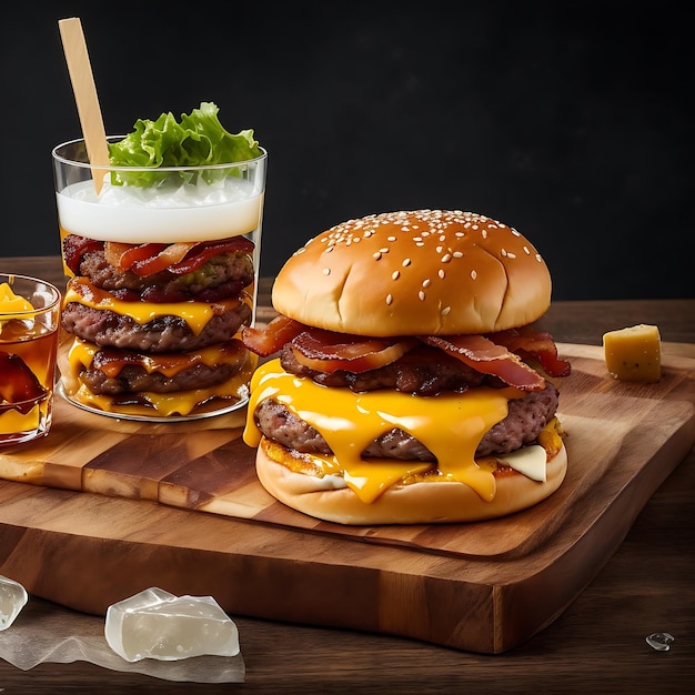 A delicious triple meat burger with bacon and yellow cheese a glass of whiskey AIgenerated