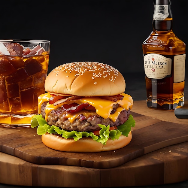 A delicious triple meat burger with bacon and yellow cheese a glass of whiskey AIgenerated