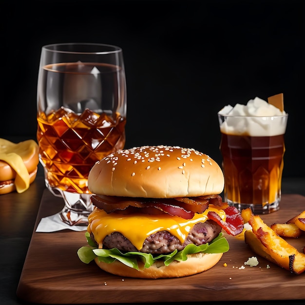 A delicious triple meat burger with bacon and yellow cheese a glass of whiskey AIgenerated