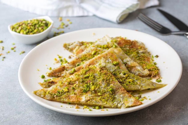 Delicious Turkish Traditional Dessert Katmer From Gaziantep - green pistachio