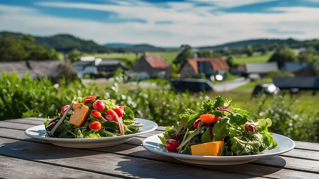 Delicious two full salad plates on wooden table with flowers field in sunny blue sky backgrounds