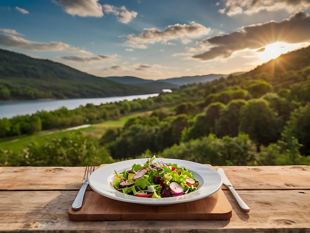 Delicious two salad plates on wooden table with natural scenery