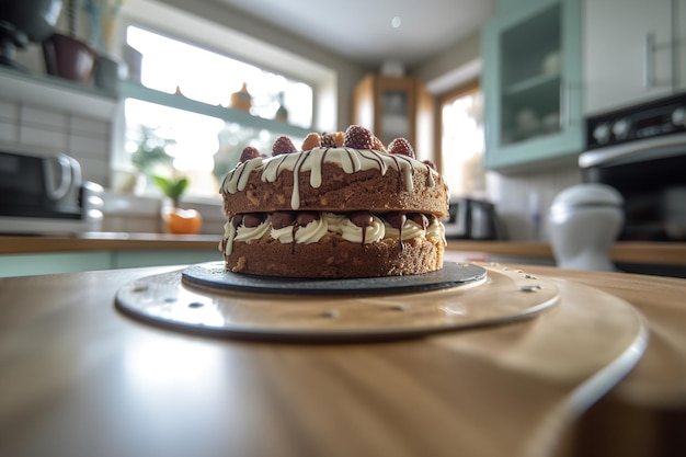 Delicious two tiered cake stands on kitchen table generative ai