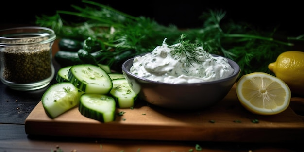 Delicious Tzatziki Preparation in a rustic kitchen Fresh and Creamy Soft Lighting Closeup of