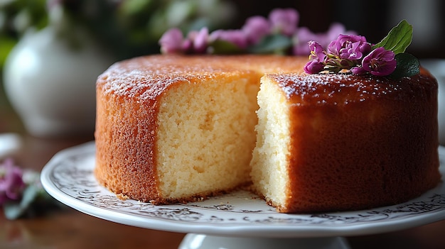 Photo a delicious vanilla cake with a slice removed decorated with flowers on a cake stand