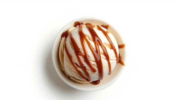 Delicious vanilla ice cream drizzled with caramel sauce Tasty summer dessert in a white bowl Perfect for food blogs recipe sites and dining menus Minimalist style image for culinary use AI