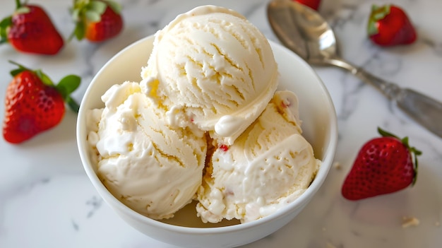 Delicious vanilla ice cream served in a ceramic bowl with fresh strawberries around Perfect summer treat for dessert lovers Simple yet enticing food photography AI