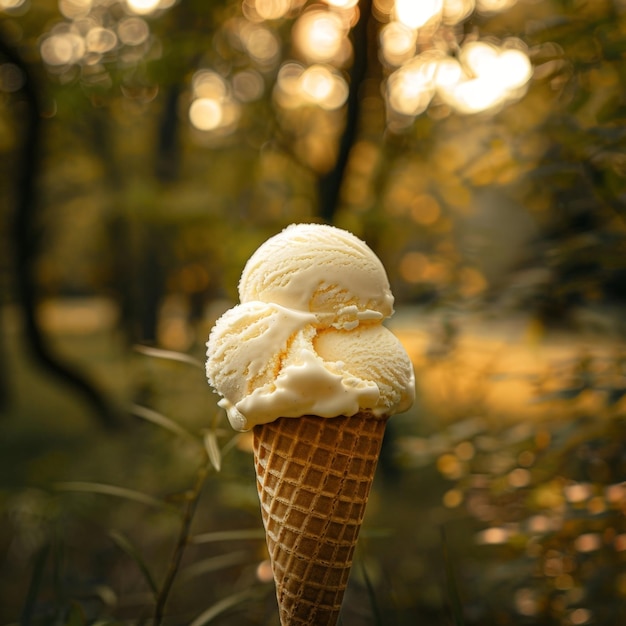 Delicious vanilla ice cream in a waffle cone