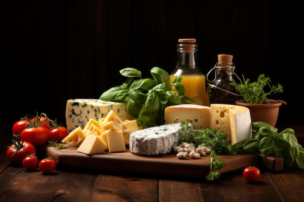 Delicious varieties of cheese artistically arranged on wooden table for a tempting display