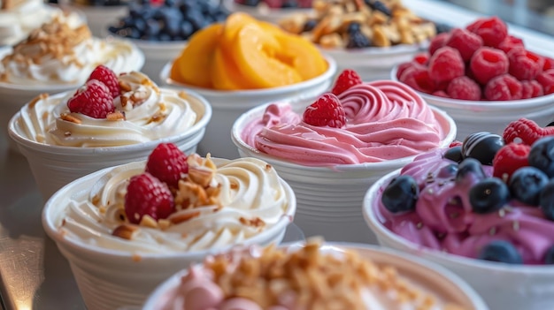 Delicious variety of frozen yogurt topped with fresh fruits and nuts