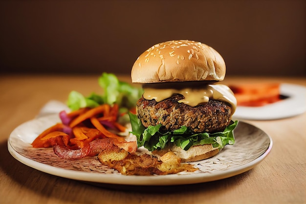 A delicious vegan burger on the plate on the table healthy vegan food