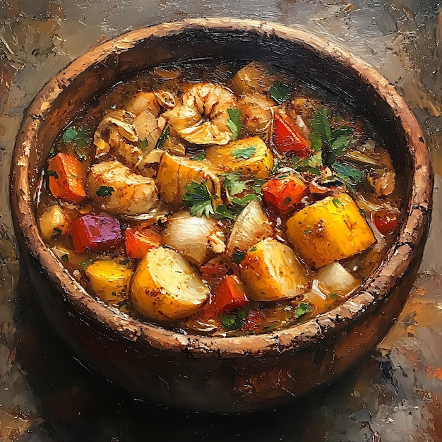 Photo delicious vegetable stew in a wooden bowl oil painting style