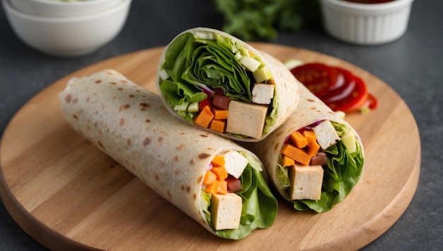 Photo delicious vegetable and tofu wraps on a blue plate perfect for healthy meals