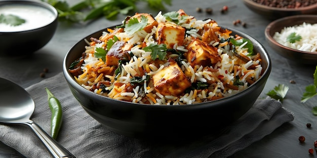 A delicious visual of paneer biryani featuring marinated cottage cheese and basmati rice Concept Food Photography Rice Dishes Indian Cuisine Vegetarian Recipes Paneer Dishes