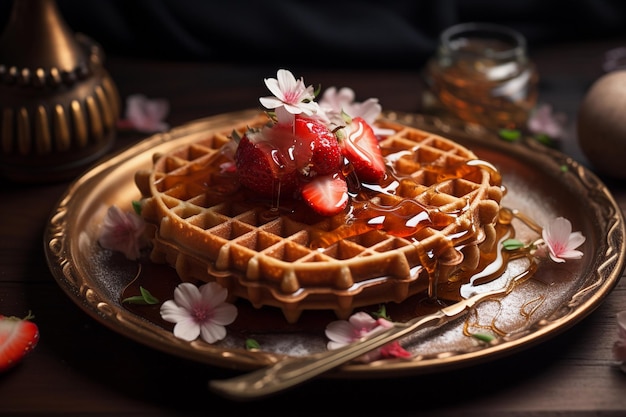 delicious waffle with berries and ice cream