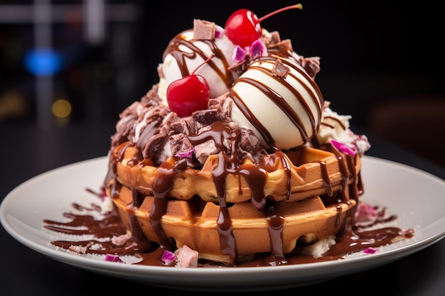 delicious waffle with berries and ice cream