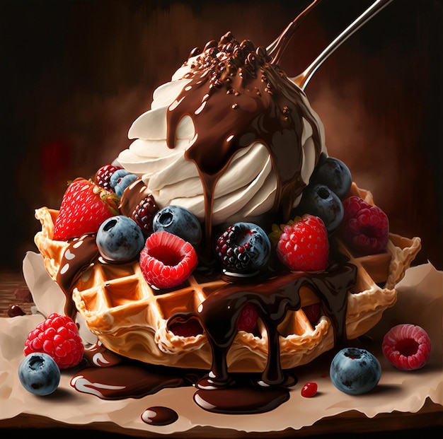 Delicious waffle with whipped cream and berries