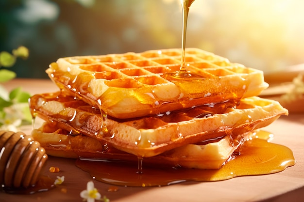 Delicious waffles drizzled with honey on a wooden table A high quality 4k 8k ar 32